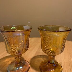 2 Indiana Glass Amber Carnival Glass Goblets .